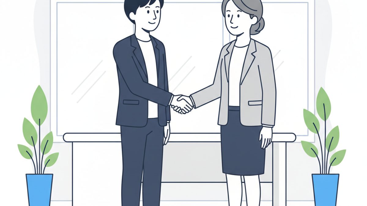 条件の話し合いを終え、採用担当者と握手する30代の会社員