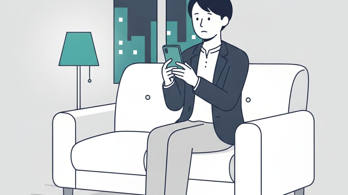 仕事の後、ソファでスマホを見ながら英語学習アプリを検討する30代の会社員