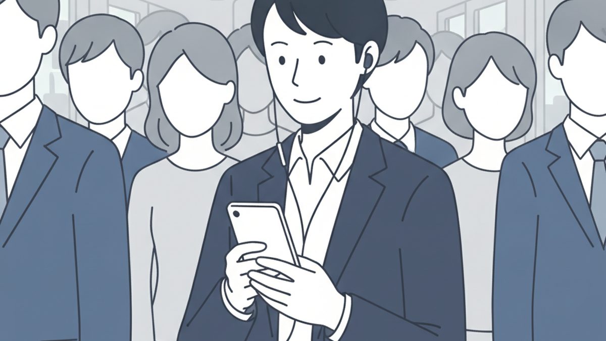 朝の通勤電車でイヤホンをつけてスマホで英語を勉強する30代の会社員