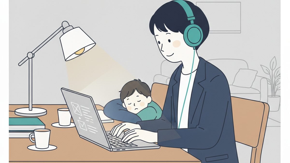 子どもが寝た後のダイニングで、ヘッドホンをつけてパソコンでTOEICを受ける30代の会社員