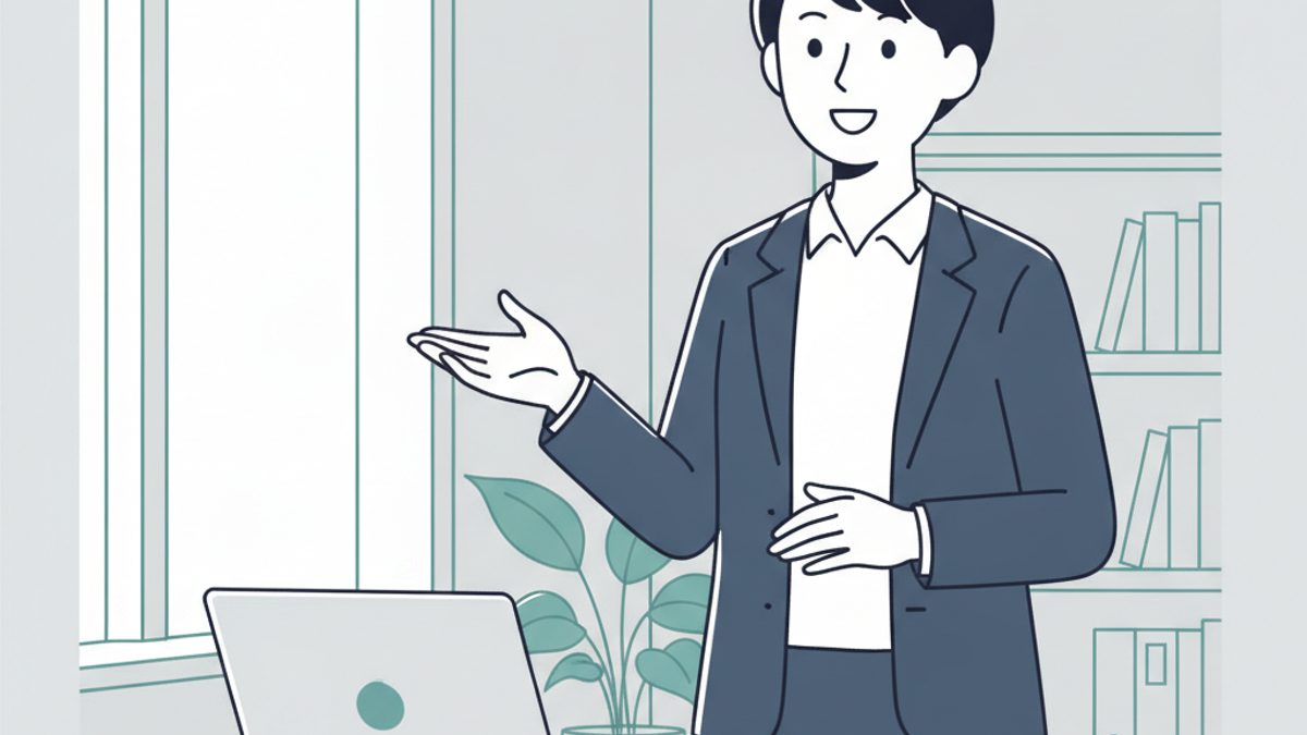オンラインの英語面接に向けて、自己紹介を練習する30代の会社員