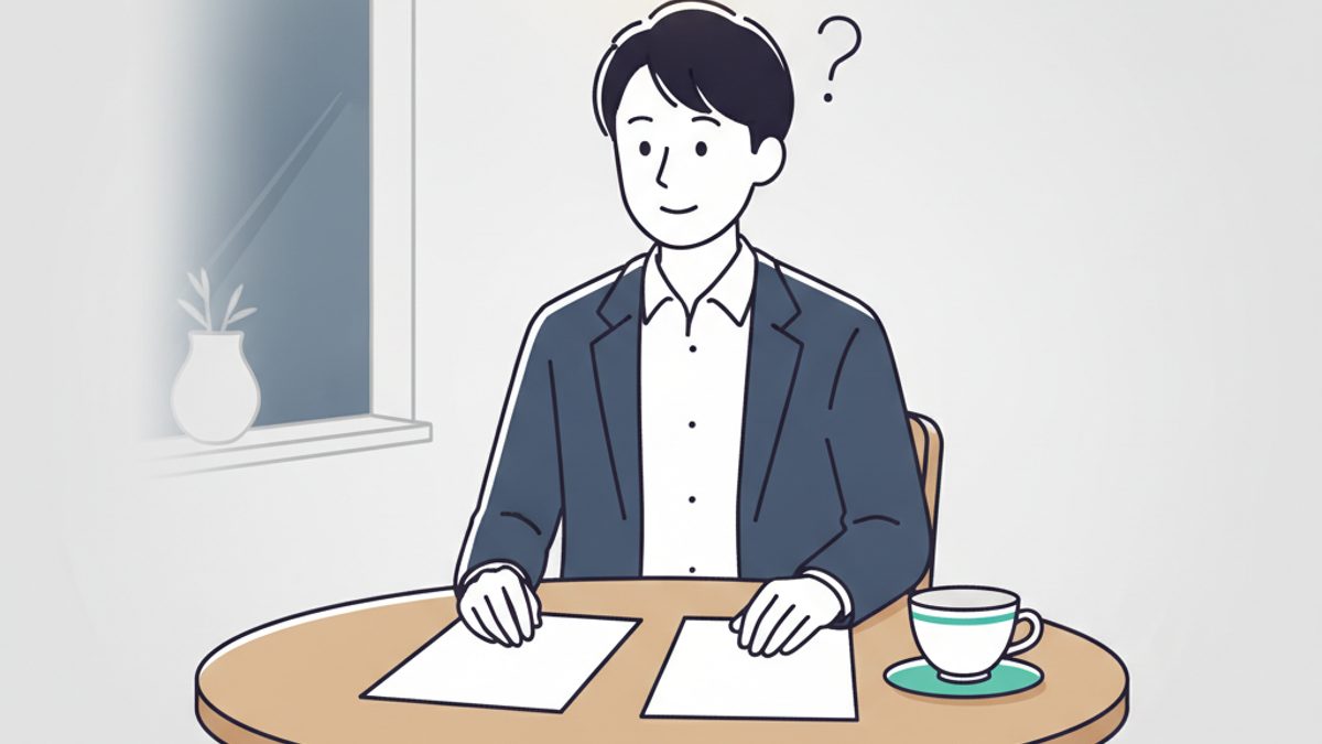 夜のダイニングで2枚の結果用紙を見比べて考える30代の会社員