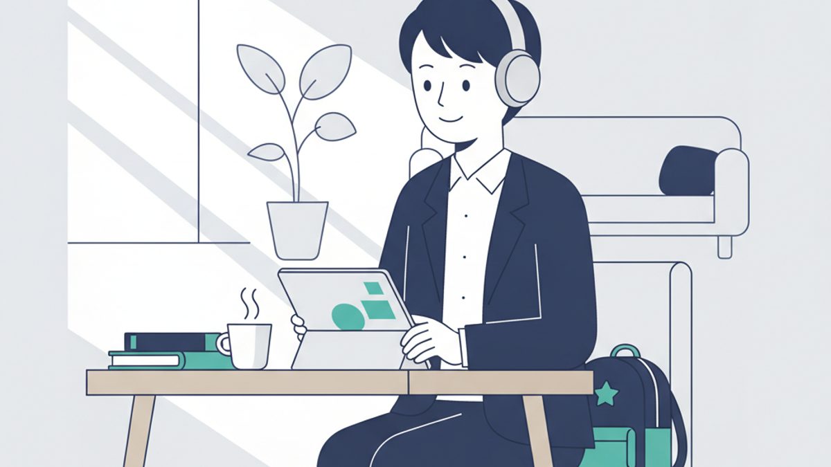 早朝のリビングでヘッドホンをつけて英語を勉強する30代の会社員